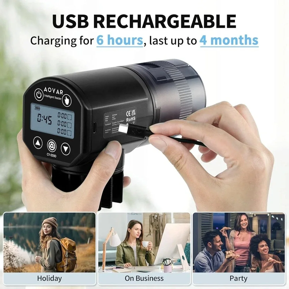 Automatic Fish Feeder‎ Dispenser for Aquarium: Rechargeable Auto Feeders Black